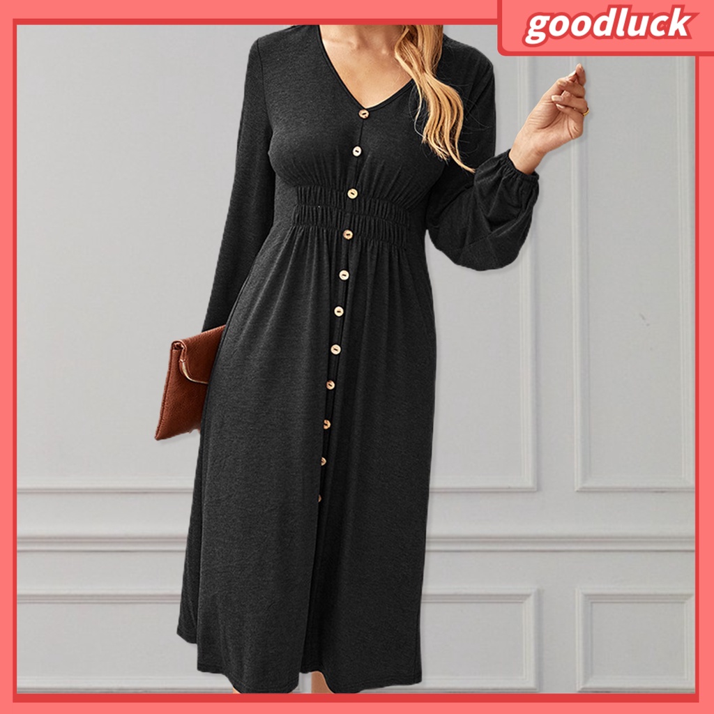 [GUC] Đầm Midi Dáng Chữ A Tay Dài Phồng Cổ Chữ V Xẻ Tà Phía Trước Eo Co Giãn Màu Trơn Thanh Lịch Dành Cho Nữ