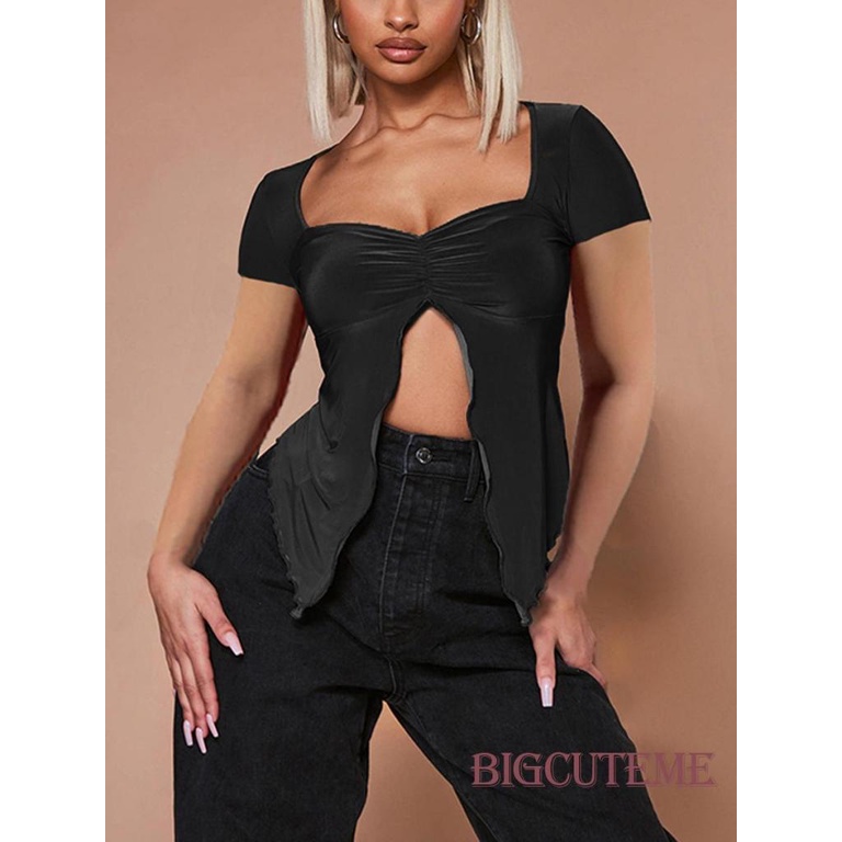 [] Áo Thun Ngắn Tay Xẻ Tà Màu Đen Trơn Đơn Giản Cho Nữ