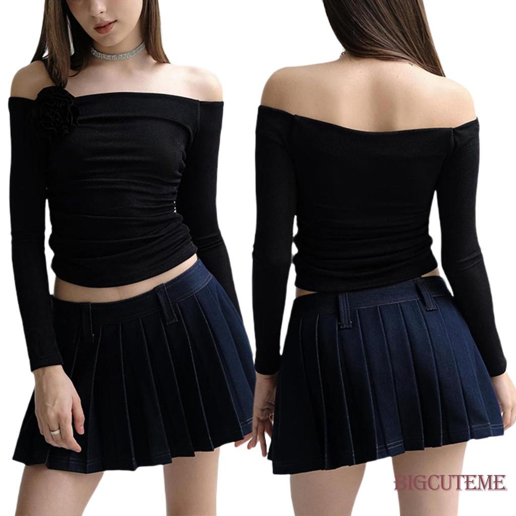 Áo Sơ Mi Tay Dài Trễ Vai Màu Trơn In Họa Tiết Hoa Thời Trang Xuân Hè Xinh Xắn Cho Nữ