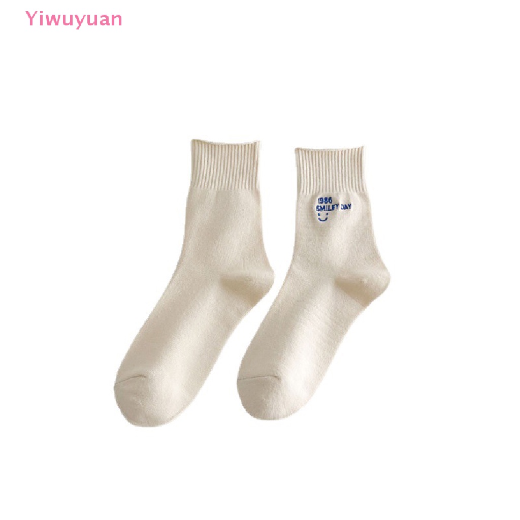 < Yiwuyuan > Vớ Ống Lửng Thêu Hình Mặt Cười Phong Cách Đại Học Janpaese Màu Trắng Mùa Xuân Mới