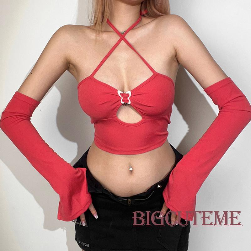 Set Áo Trễ Vai Màu Sắc Đơn Giản + Áo Tay Áo Màu Đỏ Thời Trang Xuân Hè Cho Nữ