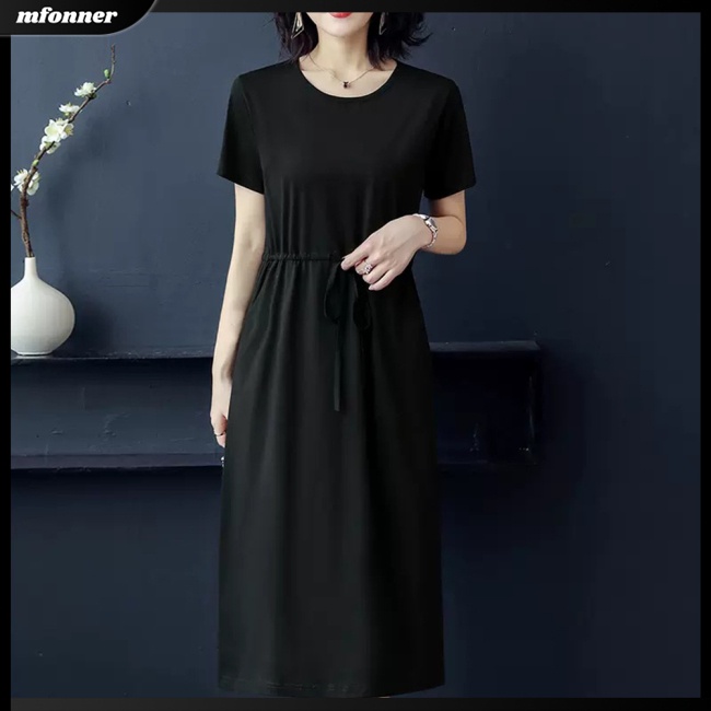 Đầm Midi Tay Ngắn Cổ Tròn Màu Trơn Phối Túi Thiết Kế Thanh Lịch Thời Trang Mùa Hè Cho Nữ