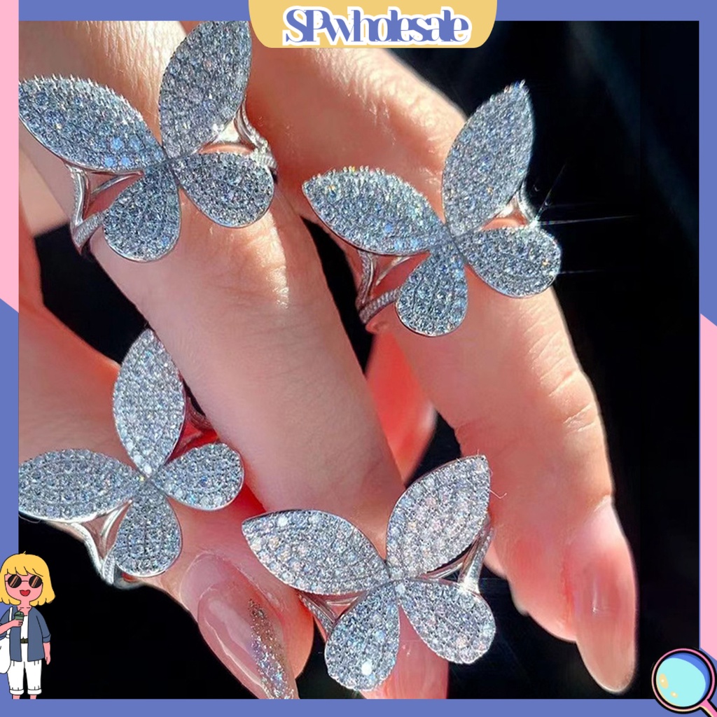 <SPwholesale> Nhẫn Hở Hình Bướm Đính Đá Sáng Lấp Lánh Có Thể Điều Chỉnh Được Trang Sức Sang Trọng Cho Nữ