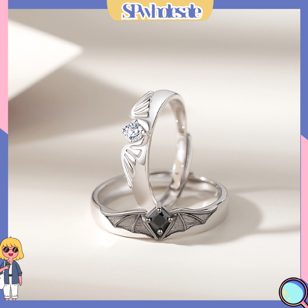 <SPwholesale> Nhẫn Đính Đá Zircon Mạ Điện Sáng Bóng Trang Trí Cánh Thiên Thần Quỷ Quà Tặng Cho Cặp Đôi
