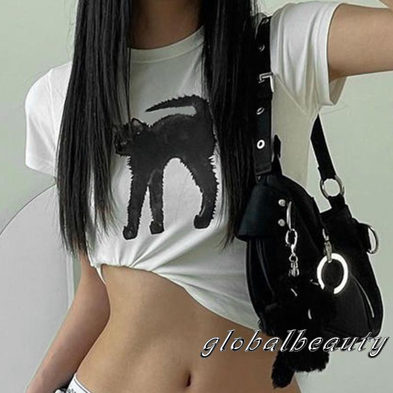 Áo Thun Tay Ngắn Cổ Tròn In Hình Mèo Thời Trang Mùa Hè Dành Cho Nữ