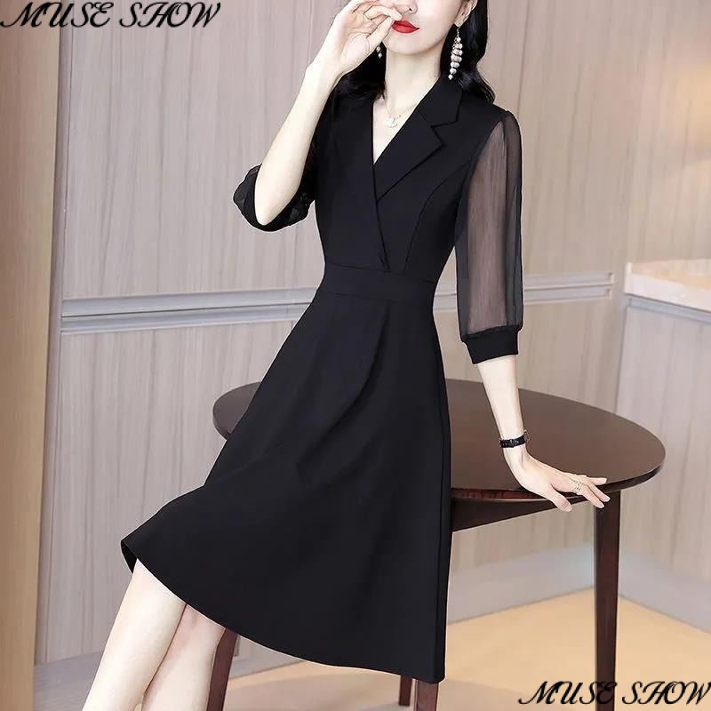 Đầm Dáng Chữ A Tay Lửng Cổ Chữ V Màu Đen Phong Cách Hepburn Pháp Thời Trang Cho Nữ 2023