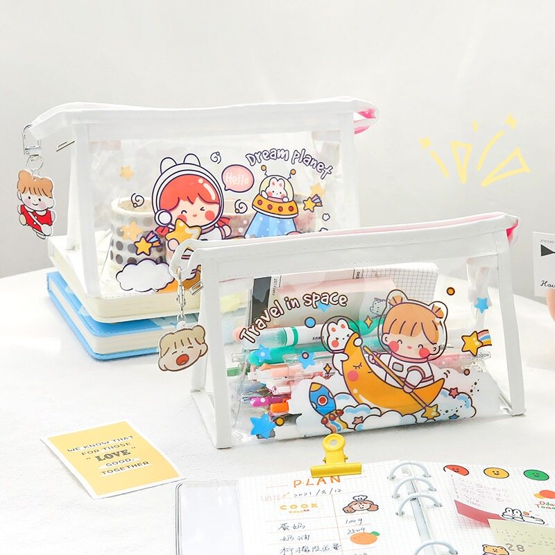 Túi Đựng Bút Bằng PVC Trong Suốt Cỡ Lớn In Hoạt Hình Dễ Thương Cho Học Sinh