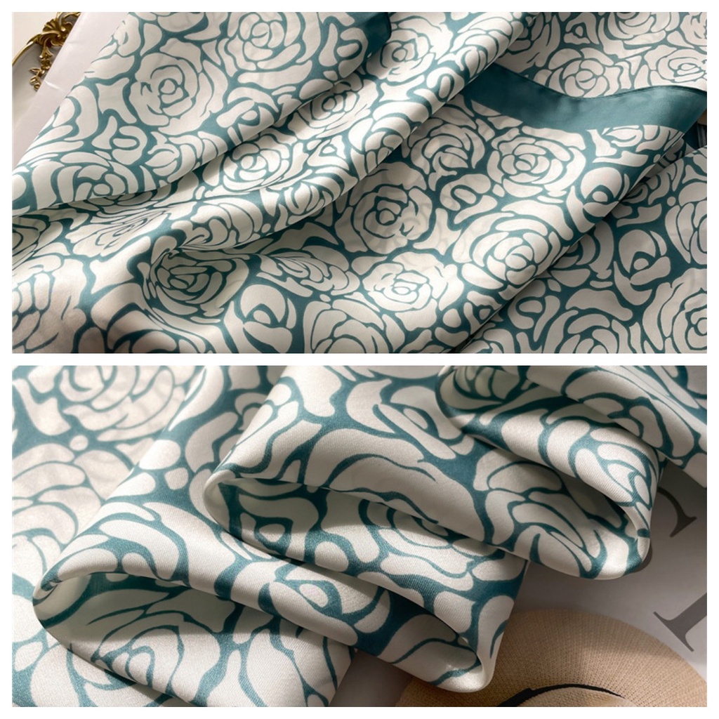 Khăn Choàng Cổ Hình Vuông 70x70CM Bằng Lụa In Họa Tiết Hoa Trà Xanh Đơn Giản Thanh Lịch