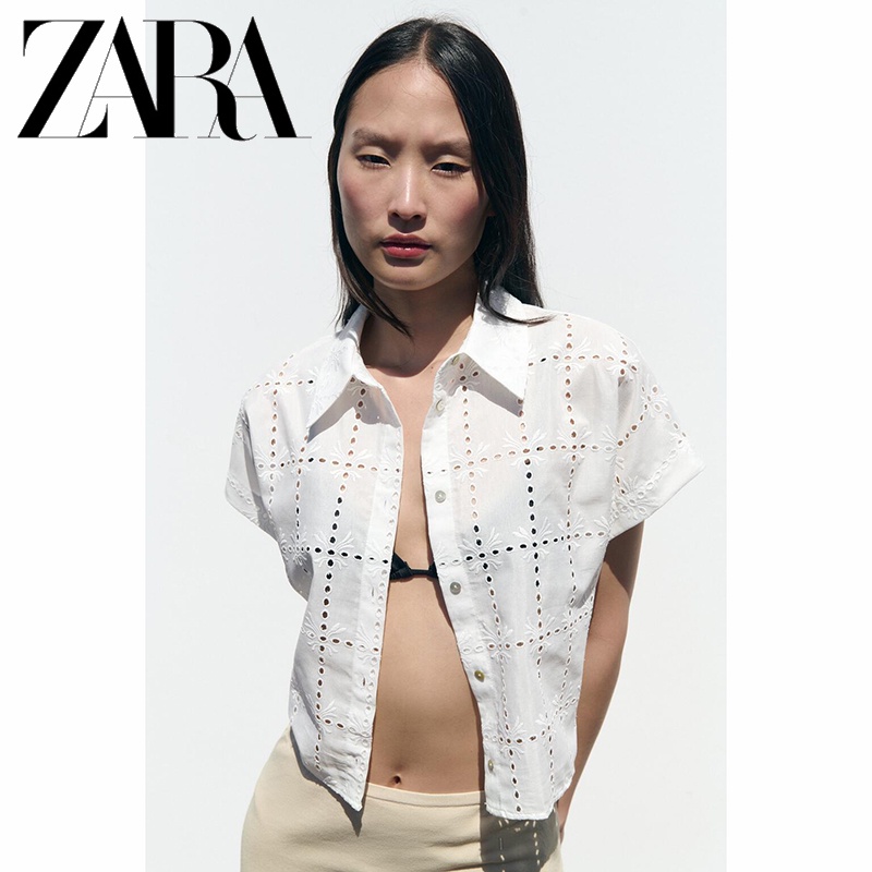 Zara Áo Sơ Mi Ngắn Tay Thêu Họa Tiết Xinh Xắn Dành Cho Nữ