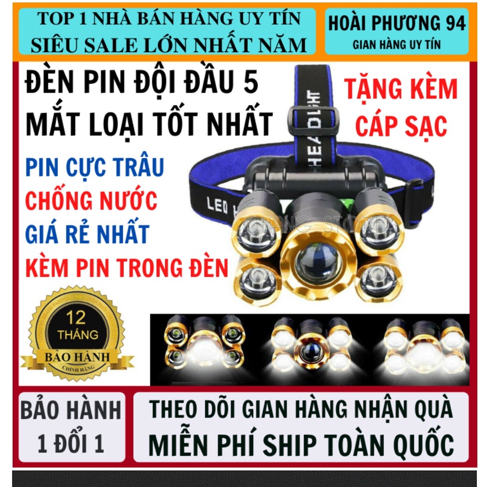 [ Bản Mới, Bóng To Hơn, Sáng Hơn ] Đèn Pin Siêu Sáng Đội Đầu 5 Mắt Chống Nước Cực Tốt | BigBuy360 - bigbuy360.vn