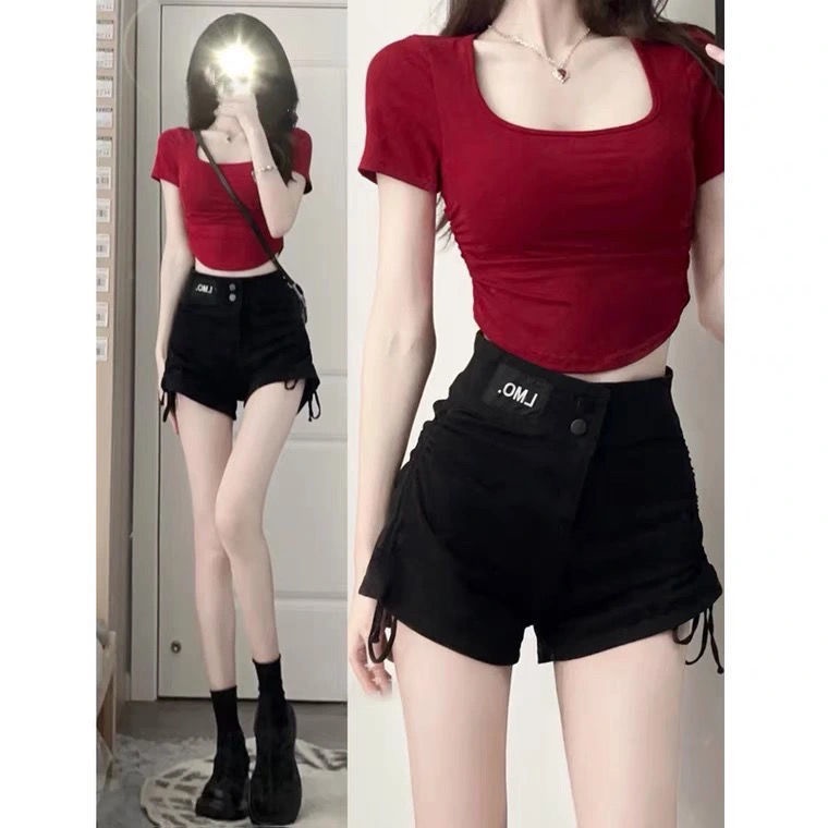 Bộ Áo Thun + Quần Short Phong Cách Thời Trang Hong Kong Chất Lượng Cao Phong Cách Đường Phố Cho Nữ