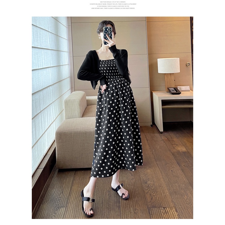 Đầm Hai Dây Dáng Dài Mỏng Co Giãn Họa Tiết Hoa Cúc Nhỏ hka055