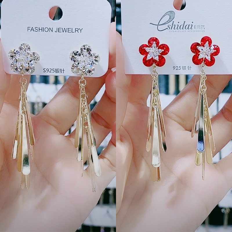 Khuyên Tai Tua Rua Dáng Dài Hình Hoa Năm Cánh Đính Đá Pha Lê Phong Cách Hàn Quốc Thời Trang Cho Nữ