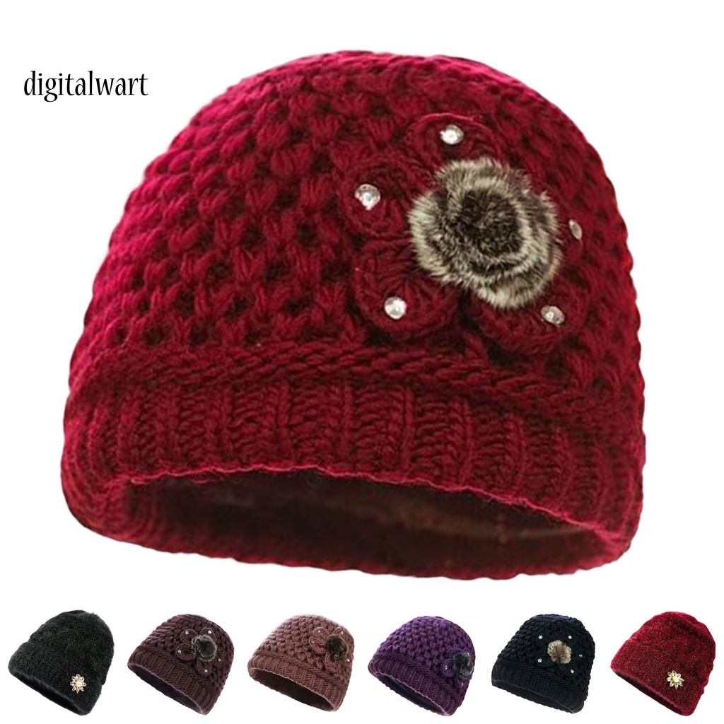 Kỹ Thuật Số| Mũ Beanie Dệt Kim Lót Lông Dày Dặn Màu Trơn Đính Đá Lấp Lánh Thời Trang Đường Phố