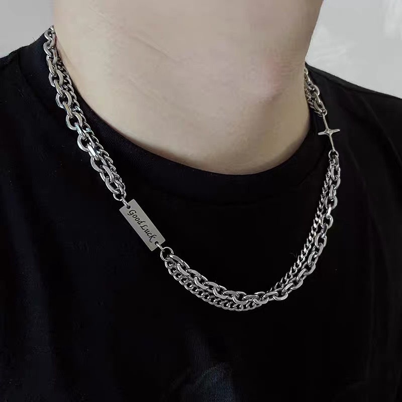 Vòng cổ Hai Lớp Bằng Thép Titan Mặt Thánh Giá Phong Cách hip hop Cá Tính Cho Nam Và Nữ