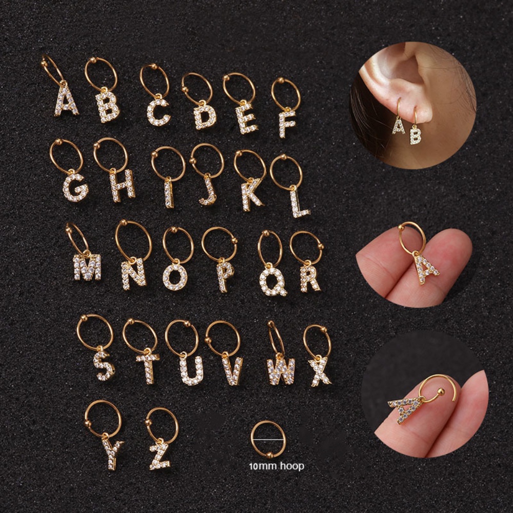 Khuyên Tai Hình Chữ Cái Đính Đá Zircon Bằng Thép Không Gỉ