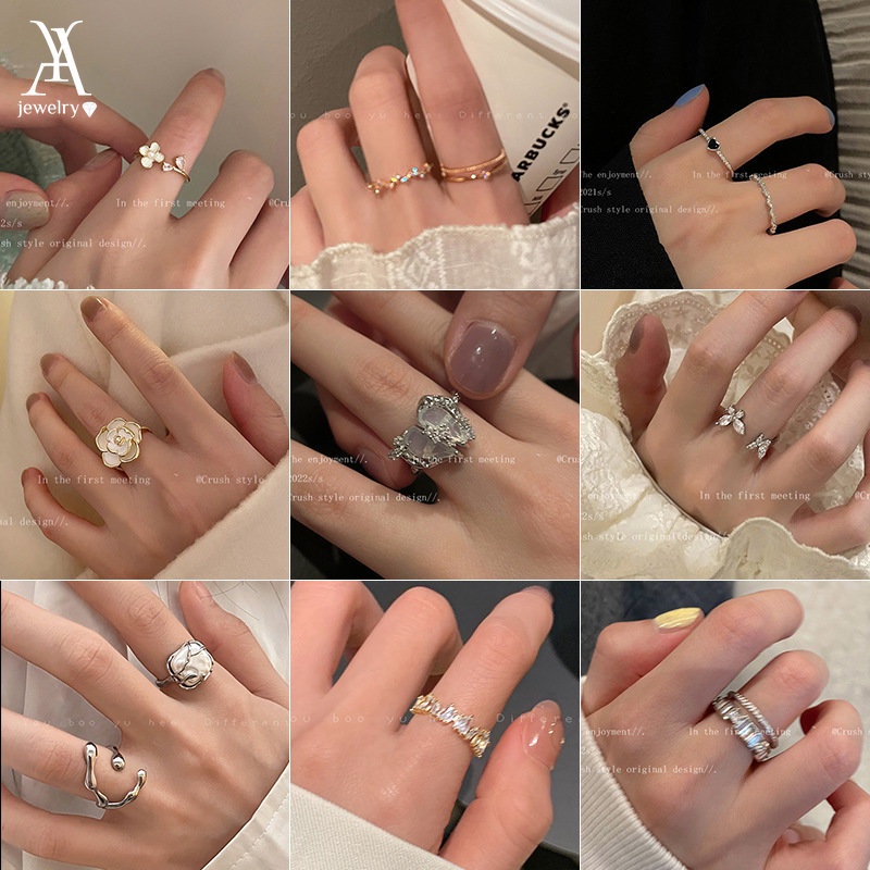 Nhẫn AY hình hoa trà / bướm / trái tim đính đá zircon phong cách Hàn Quốc thời trang cho nữ