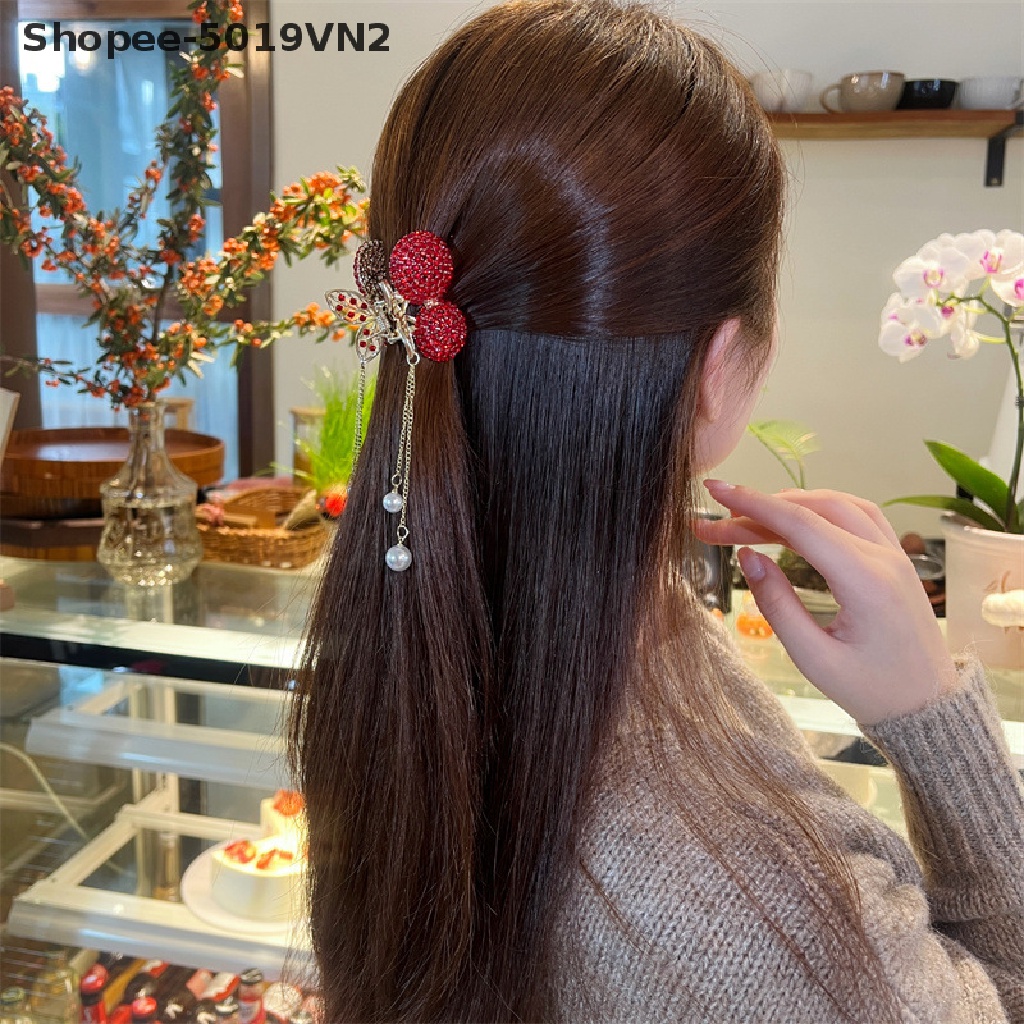 Kẹp Tóc Hình Quả Cherry Đính Đá Phối Tua Rua 1 Cái Cho Nữ