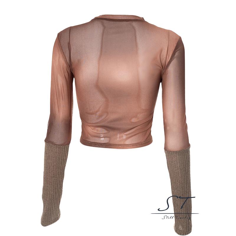 Áo Croptop Dệt Kim Tay Dài Cổ Tròn In Màu Nhuộm Thời Trang Cho Nữ CY03