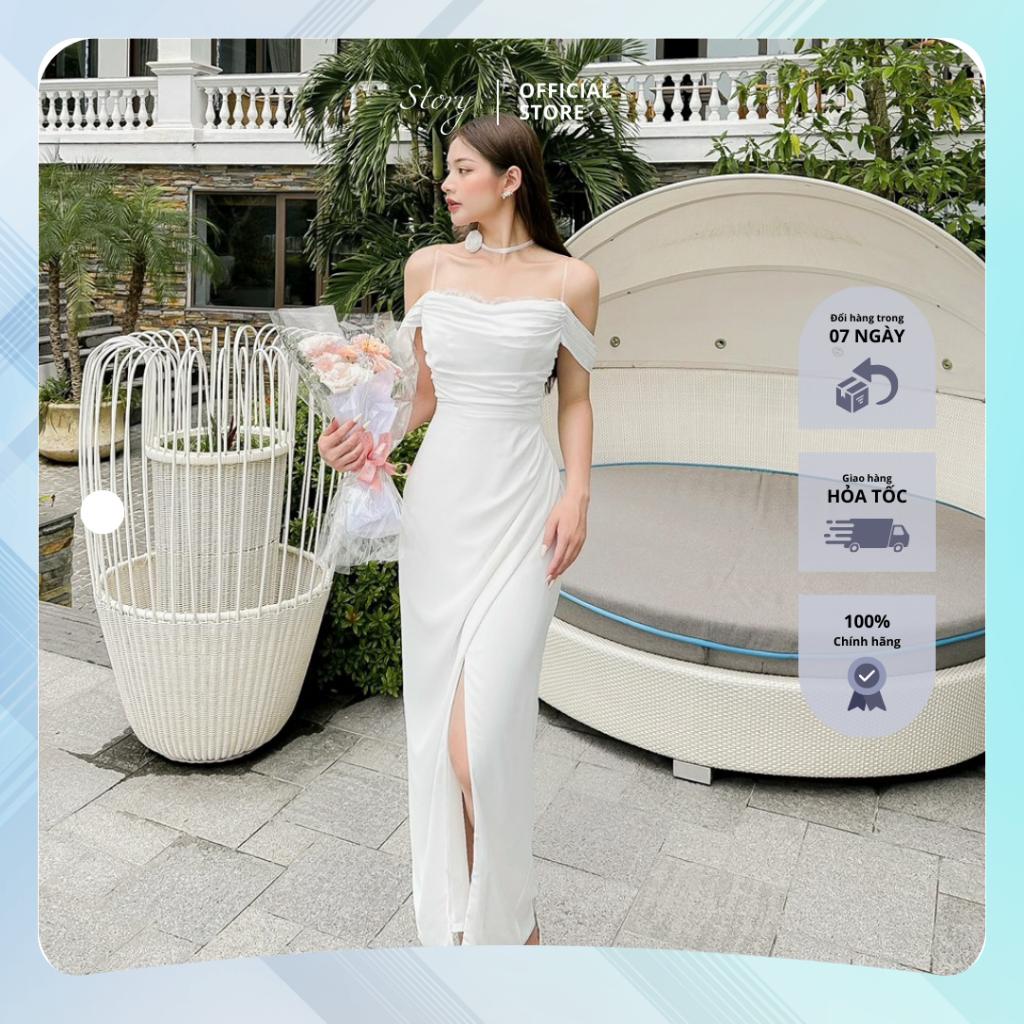 STORY Đầm Serena váy dài hai dây trễ vai phối ren xẻ tà quyến rũ Story.clothes thời trang nữ