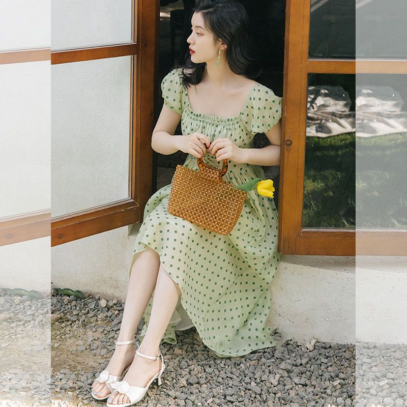 Đầm Cổ Vuông Họa Tiết Chấm Bi Màu Xanh Lá Phong Cách Retro Pháp Thời Trang Mùa Hè Hàng Mới 2023