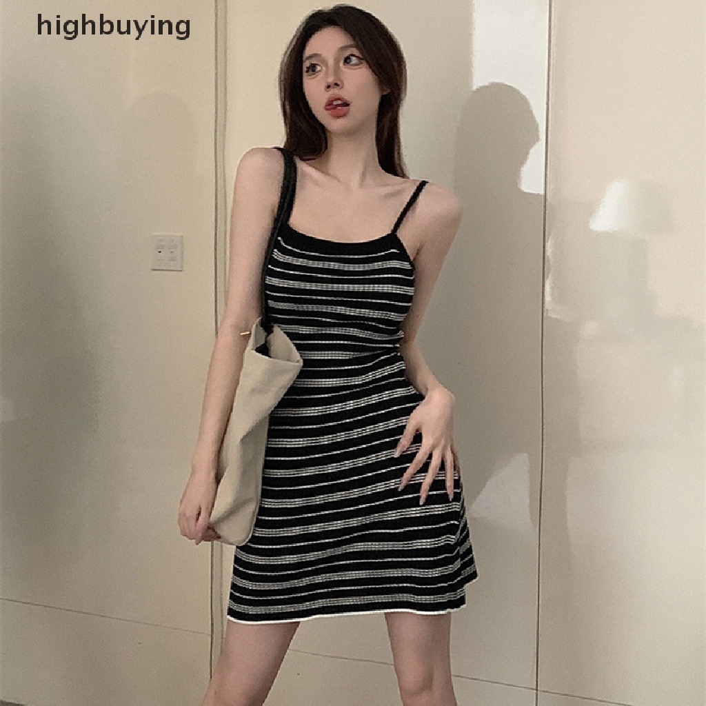 Đầm Mini Dệt Kim Mỏng Hở Lưng Họa Tiết Kẻ Sọc Thời Trang Mùa Hè 2023 Cho Nữ