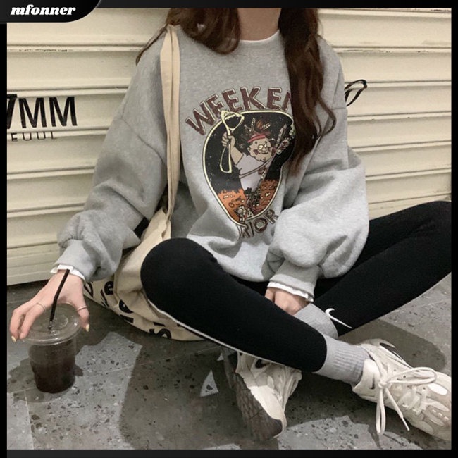 Áo Nỉ Tay Dài Dáng Rộng In Họa Tiết Hoạt Hình Đáng Yêu Cho Nữ