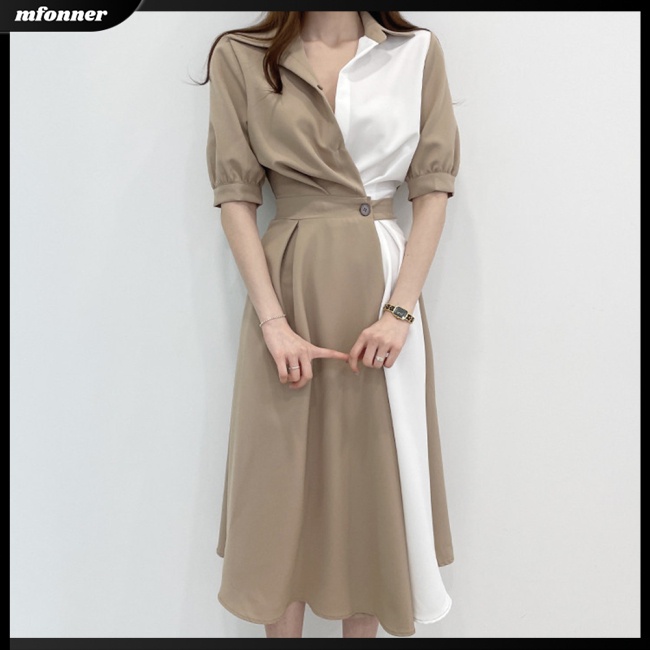 Đầm Tay Phồng Cổ Chữ V Màu Sắc Tương Phản Thời Trang Mùa Hè Cho Nữ