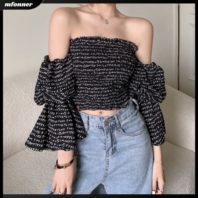 Áo Kiểu Trễ Vai Tay Ngắn Phồng In Chữ Thời Trang Mùa Hè Quyến Rũ Cho Nữ