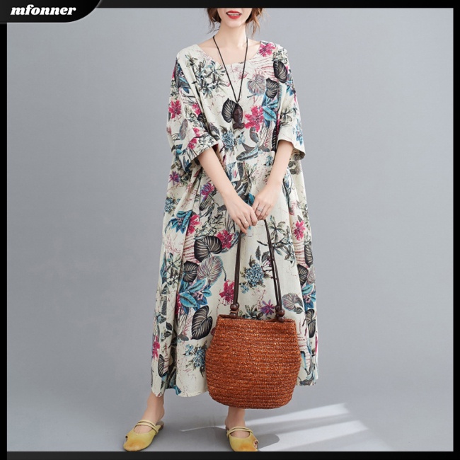 Đầm Dài Vải Lanh Cotton Tay Ngắn Cổ Tròn Plus Size Thời Trang Mùa Hè Cho Nữ