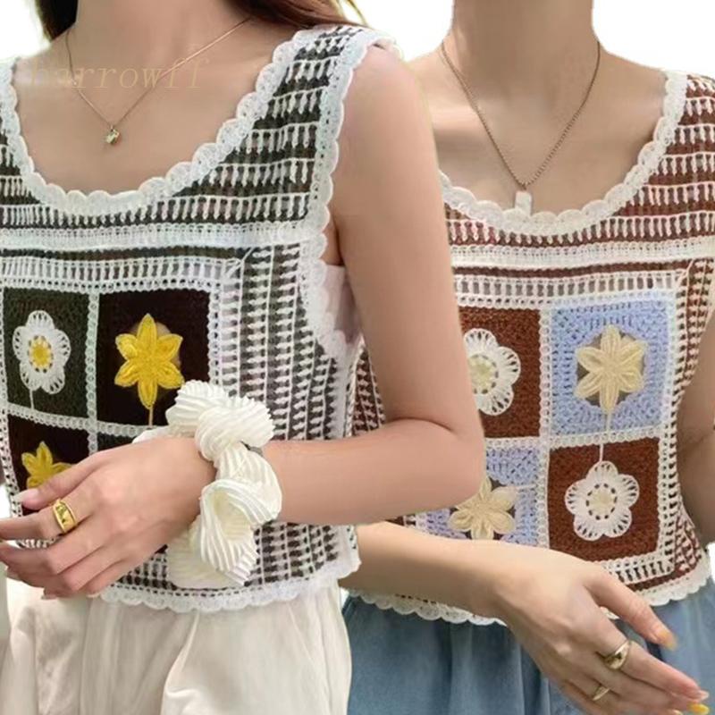 Áo Crop Top Dệt Kim Không Tay Thêu Hoa Màu Sắc Tương Phản Thời Trang Mùa Hè Cho Nữ