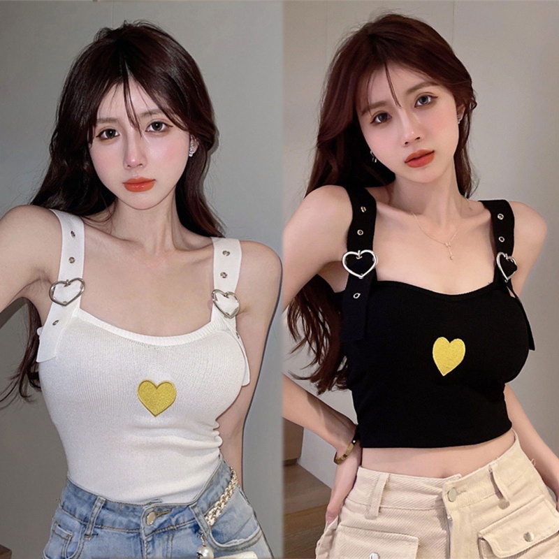 Áo Croptop Dệt Kim Hai Dây Cài Khóa Kim Loại Thêu Họa Tiết Trái Tim Xinh Xắn Cho Nữ