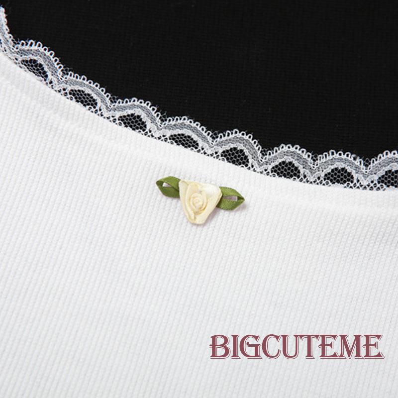 [] Áo Crop Top Không Tay Phối Ren Hoa Hồng 3D Thời Trang Mùa Hè Cho Nữ