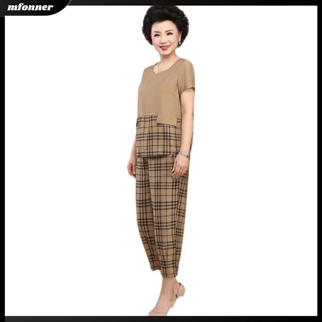 Bộ Trang Phục Thể Thao 2 Mảnh Gồm Áo Thun Tay Ngắn Cổ Tròn In Họa Tiết Caro + Quần Dài Thời Trang Cho Nữ