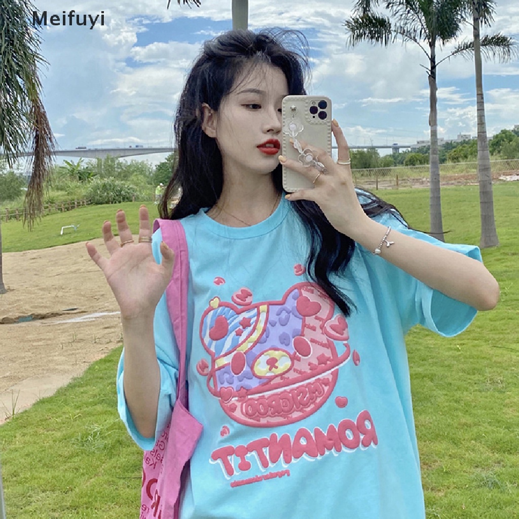 Áo Thun Ngắn Tay Cổ Tròn Dáng Rộng In Hình Gấu Hoạt Hình Thời Trang Mùa Hè Giản Dị Dành Cho Nữ