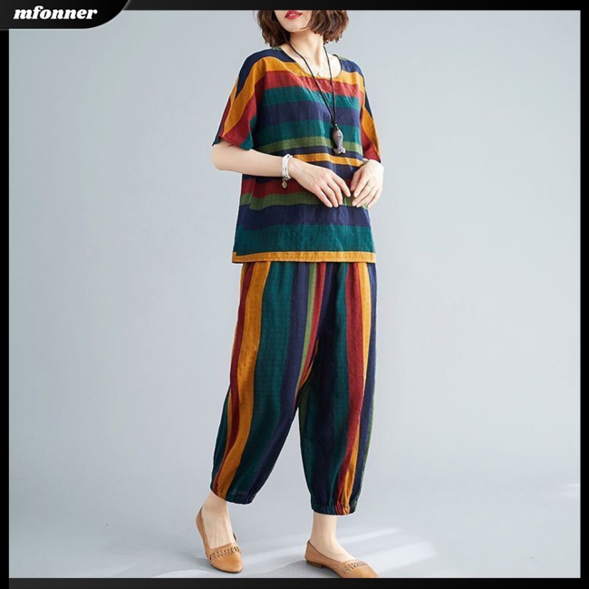 Bộ Trang Phục 2 Mảnh Gồm Áo Tay Ngắn Kẻ Sọc + Quần Harem Thân Thiện Với Da Cổ Tròn Thời Trang