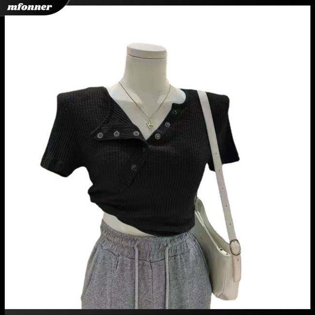 Áo Thun Croptop Tay Ngắn Cổ Chữ V Màu Sắc Đơn Giản Cho Nữ