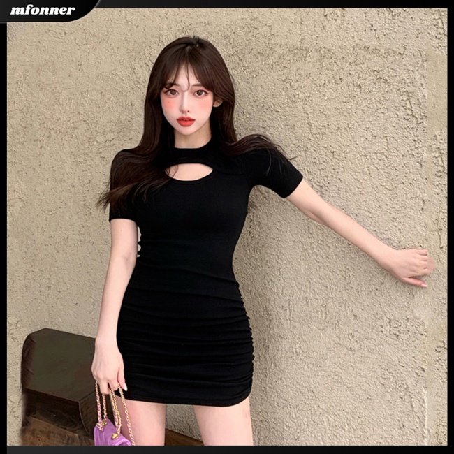 Đầm Tay Ngắn Cổ Tròn Dáng Ôm Thiết Kế Khoét Rỗng Thời Trang Quyến Rũ Cho Nữ