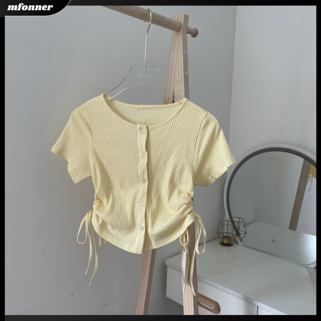 Áo Thun Croptop Tay Ngắn Cổ Tròn Màu Sắc Đơn Giản Cho Nữ