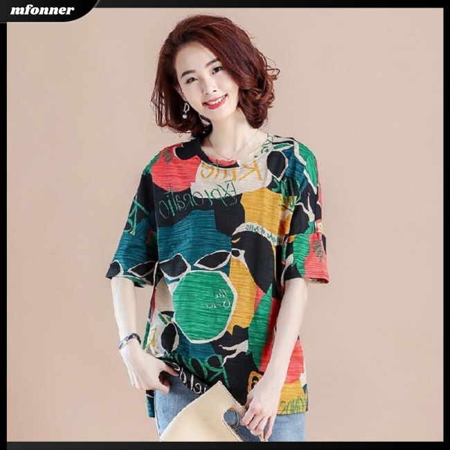 Áo Thun Tay Ngắn Dáng Rộng Cổ Tròn In Họa Tiết Thời Trang Cho Nữ