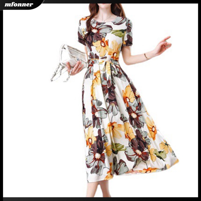 Đầm Dáng Chữ A Tay Ngắn Cổ Tròn Họa Tiết Hoa Nhiều Màu Sắc Thời Trang Cho Nữ
