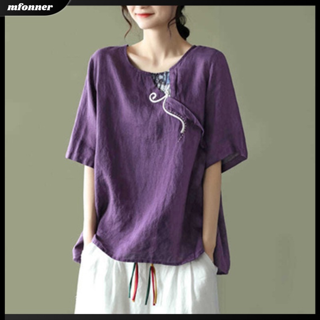 Áo Sơ Mi Vải Lanh Cotton Dáng Rộng Thêu Họa Tiết Kiểu Retro Trung Hoa Cho Nữ