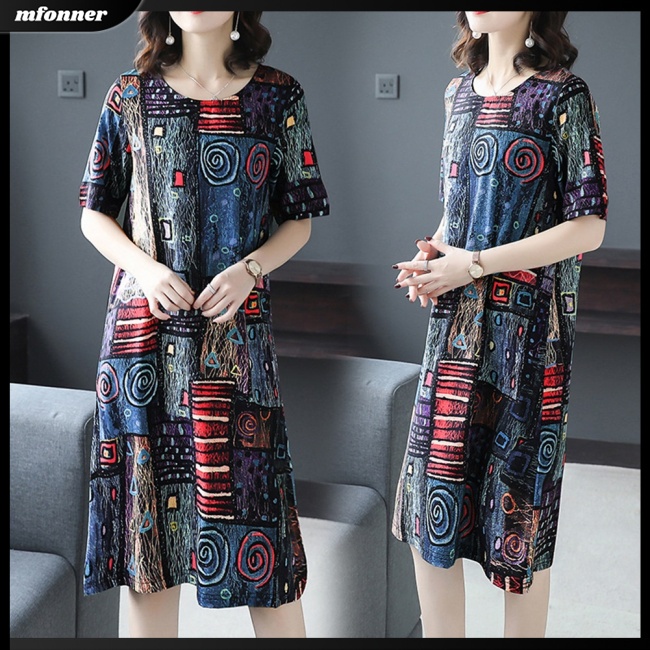 Đầm Midi Tay Ngắn Cổ Tròn In Họa Tiết Phong Cách Cổ Điển Thời Trang Cho Nữ