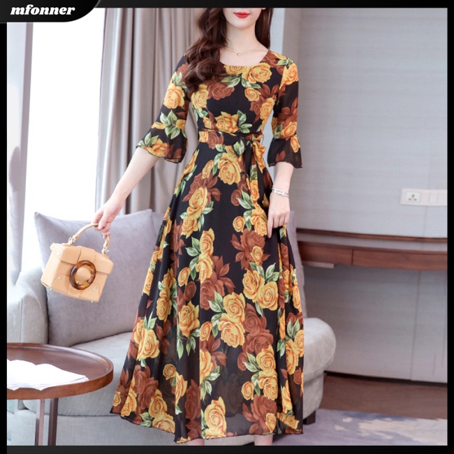 Đầm Dài Chữ A Tay Lửng In Họa Tiết Thời Trang Mùa Hè Dành Cho Nữ