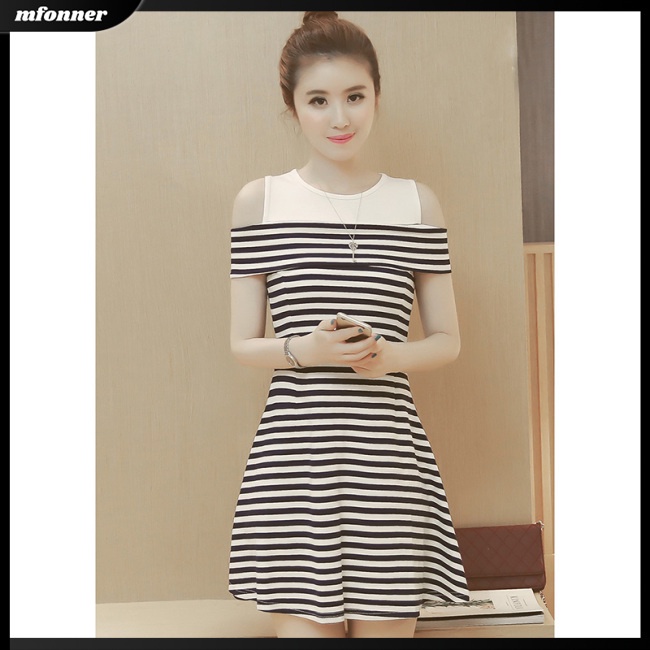 Đầm Dáng Chữ A Hở Vai Họa Tiết Kẻ Sọc Đơn Giản Thời Trang Cho Nữ