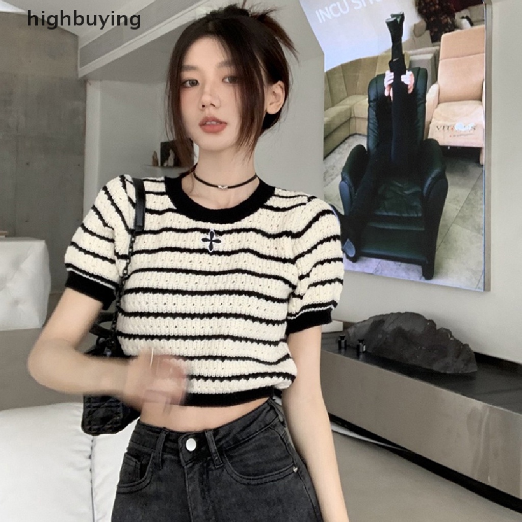 Áo Croptop Dệt Kim Ngắn Tay Cổ Tròn Họa Tiết Kẻ Sọc Phong Cách Retro