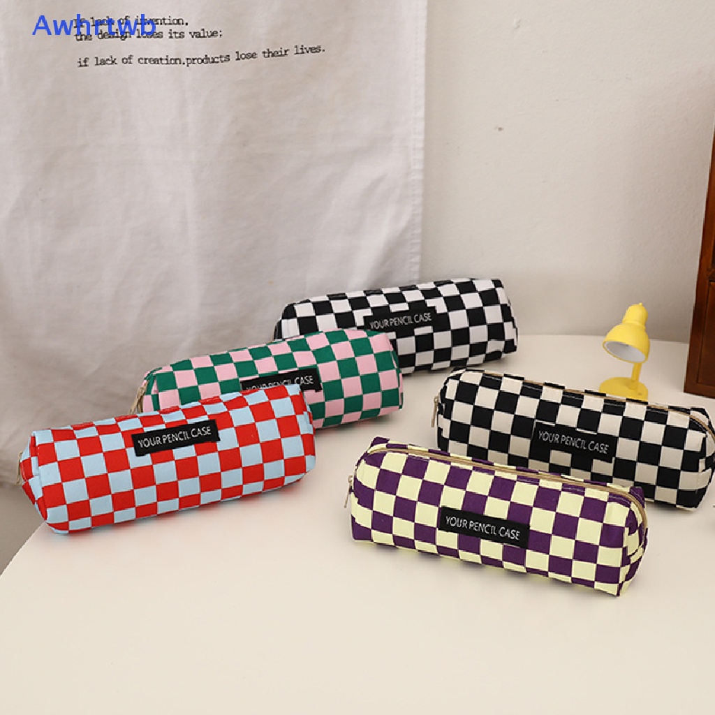 Túi Đựng Bút Chì / Mỹ Phẩm Awhrtwb Bằng Vải Canvas Kẻ Ô Dung Tích Lớn Dễ Thương Sáng Tạo Mới