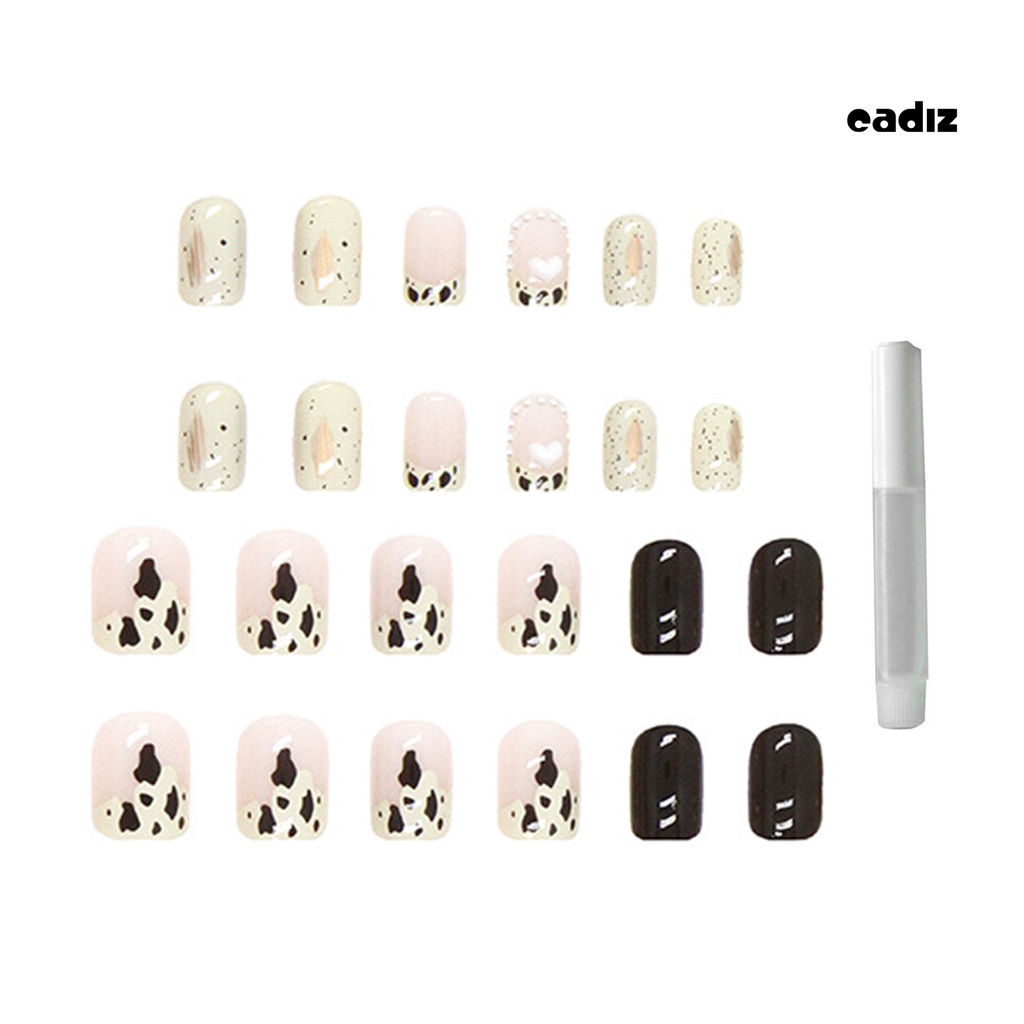 Bộ 24 Móng Tay Giả Đính Đá / Ngọc Trai / Kim Cương Giả / Họa Tiết Bò Sữa Tinh Tế Dễ Tháo Rời DIY