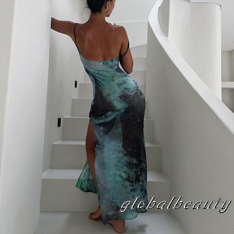 Đầm Dài Hai Dây Cổ Chữ V Họa Tiết Màu Nhuộm Ôm Dáng Gợi Cảm Cho Nữ