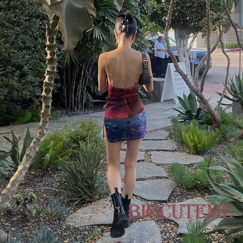 Đầm Mini Hai Dây Ôm Dáng In Họa Tiết Lanscape Có Thể Điều Chỉnh Cho Nữ